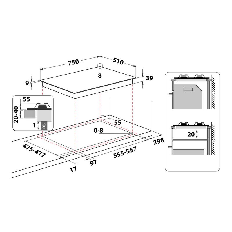 Hotpoint_Ariston Piano cottura PCN 752 T/AS/HA Inox GAS Technical drawing