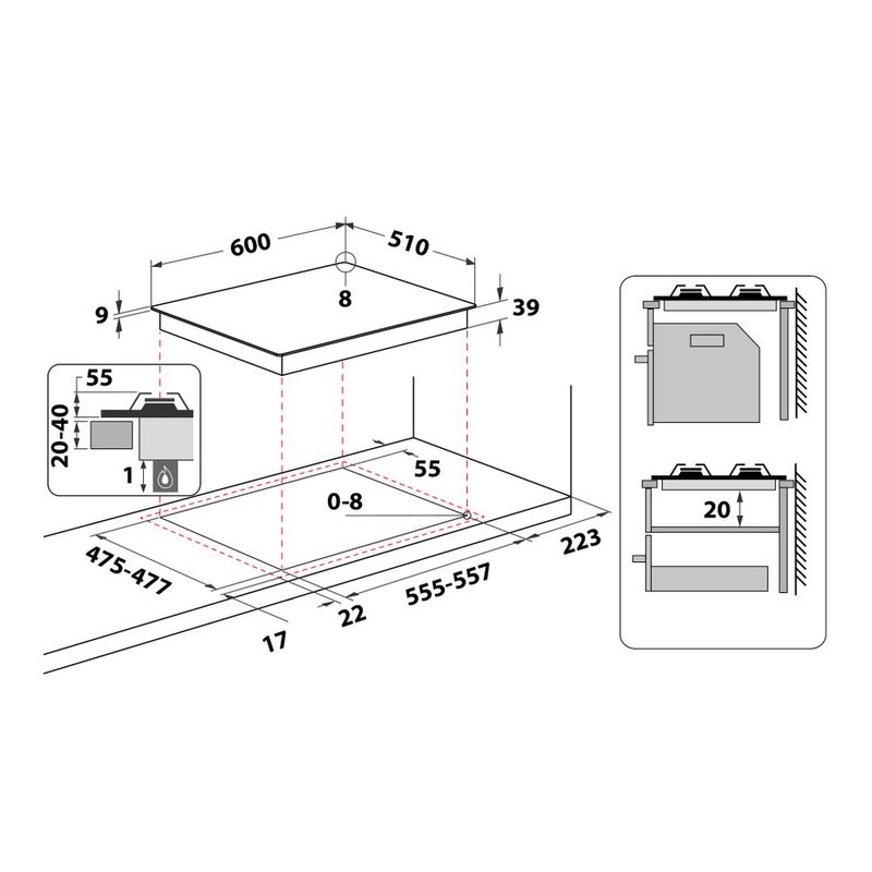 Hotpoint_Ariston Piano cottura PCN 642 T/AS/HA Inox GAS Technical drawing