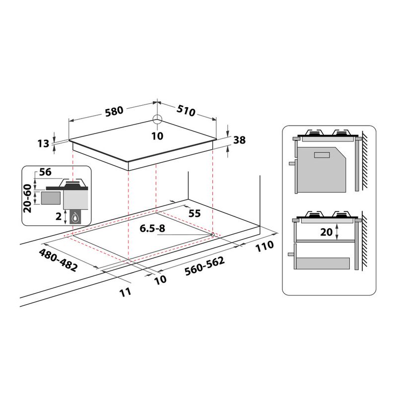Whirlpool Piano cottura TGML 661 IX Inox GAS Technical drawing