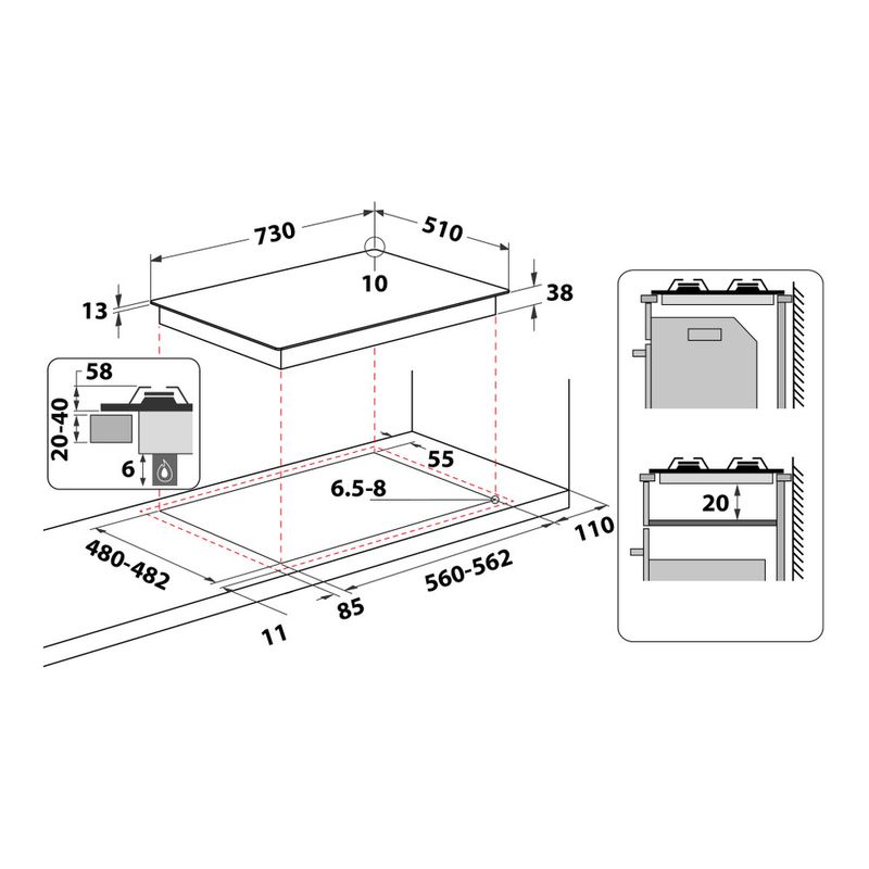 Whirlpool Piano cottura KGML 751 IX Inox GAS Technical drawing