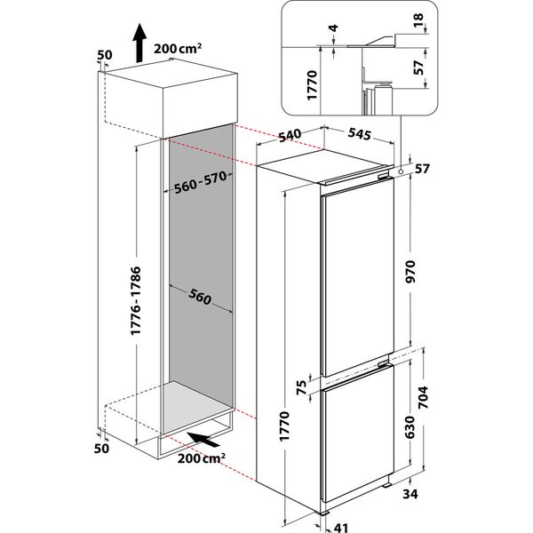 Indesit Combinazione Frigorifero/Congelatore Da incasso INC18D031B1 Bianco 2 porte Technical drawing