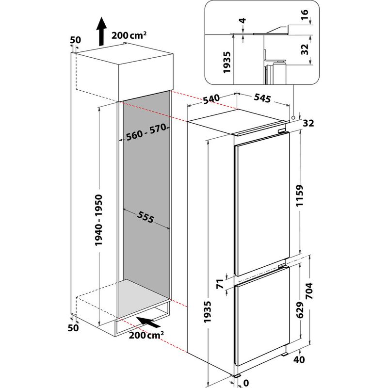 Whirlpool Combinazione Frigorifero/Congelatore Da incasso WHKN 3253 B4E Bianco 2 porte Technical drawing
